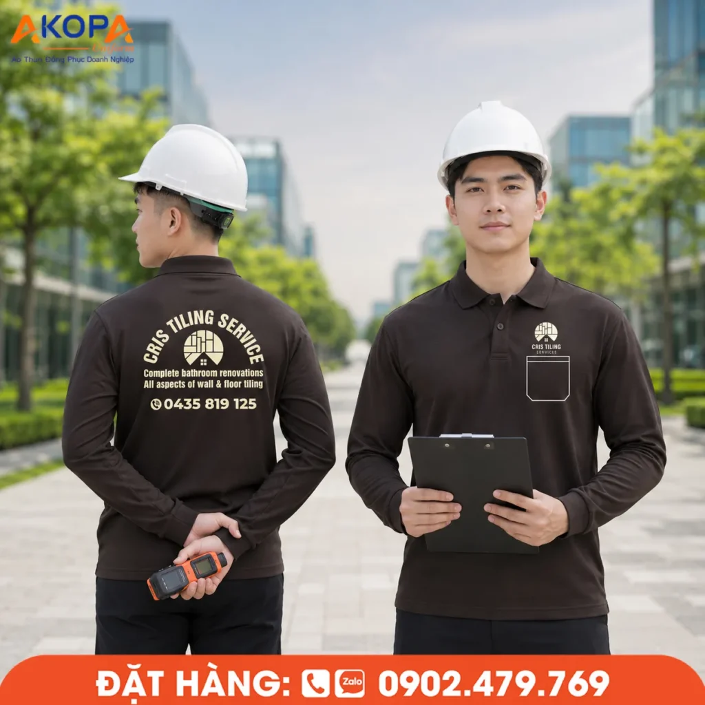 Mẫu áo thun dài tay màu nâu đậm phù hợp cho doanh nghiệp ốp lát, hoàn thiện nội thất và xây dựng, mang lại vẻ lịch sự, bền đẹp và chuyên nghiệp cho đội ngũ nhân viên.