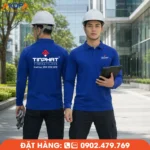 Mẫu áo thun dài tay màu xanh dương thiết kế hiện đại, phù hợp cho doanh nghiệp vật liệu, sàn gỗ và thi công nội thất, tạo hình ảnh đồng phục chuyên nghiệp và đồng nhất.