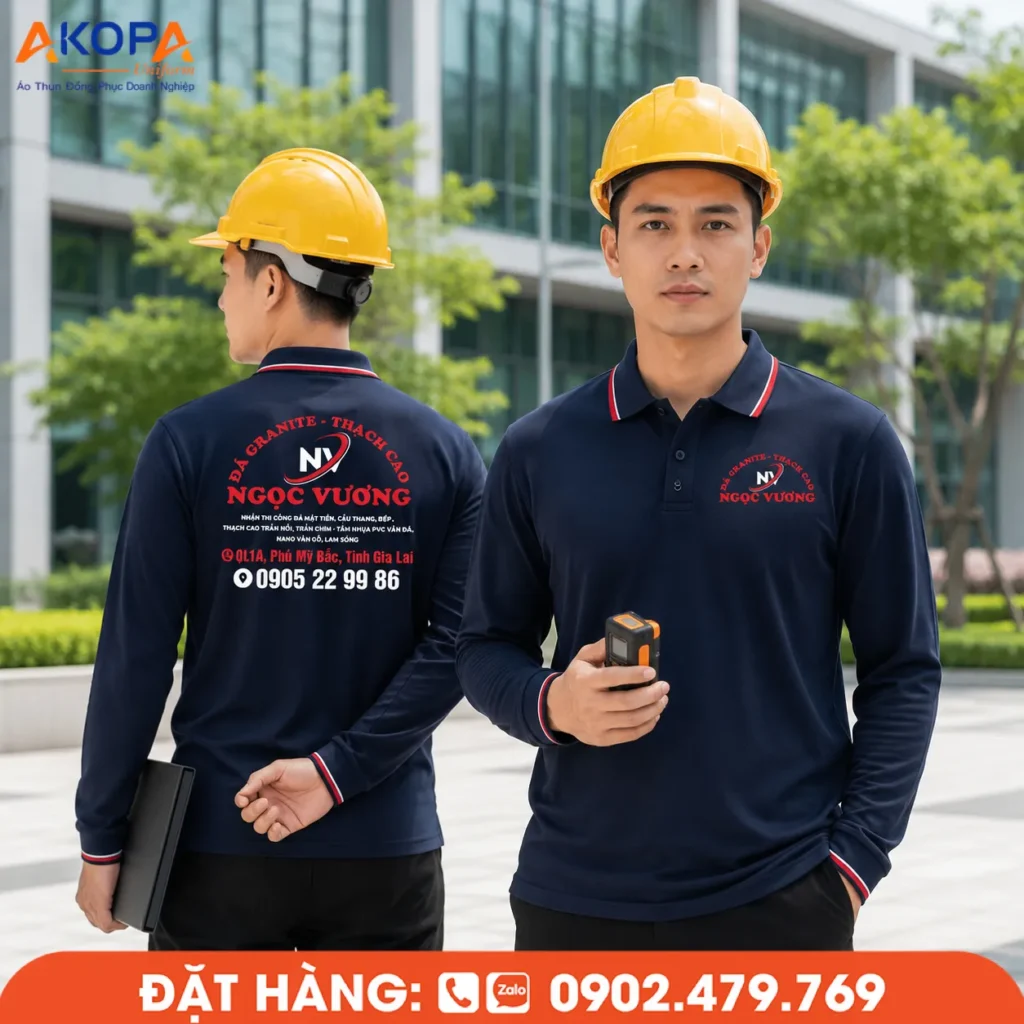 Mẫu áo thun dài tay màu xanh navy phối viền đỏ, phù hợp cho doanh nghiệp đá granite, thạch cao và hoàn thiện nội thất, mang đến hình ảnh chuyên nghiệp và đồng bộ cho đội ngũ.