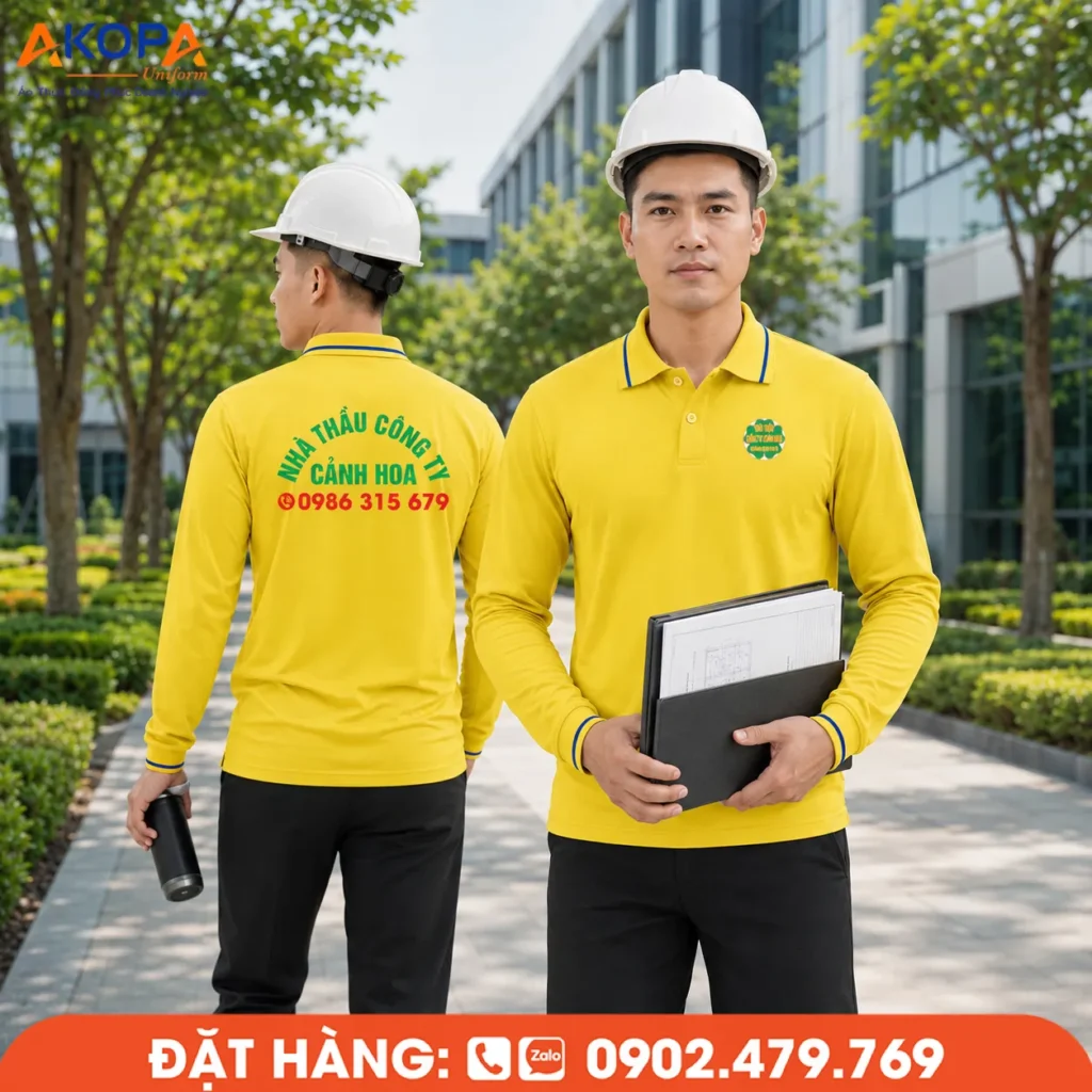 Mẫu áo thun dài tay màu vàng nổi bật, thích hợp cho doanh nghiệp xây dựng, nhà thầu và thi công công trình, giúp tăng nhận diện thương hiệu và tạo tác phong chuyên nghiệp.