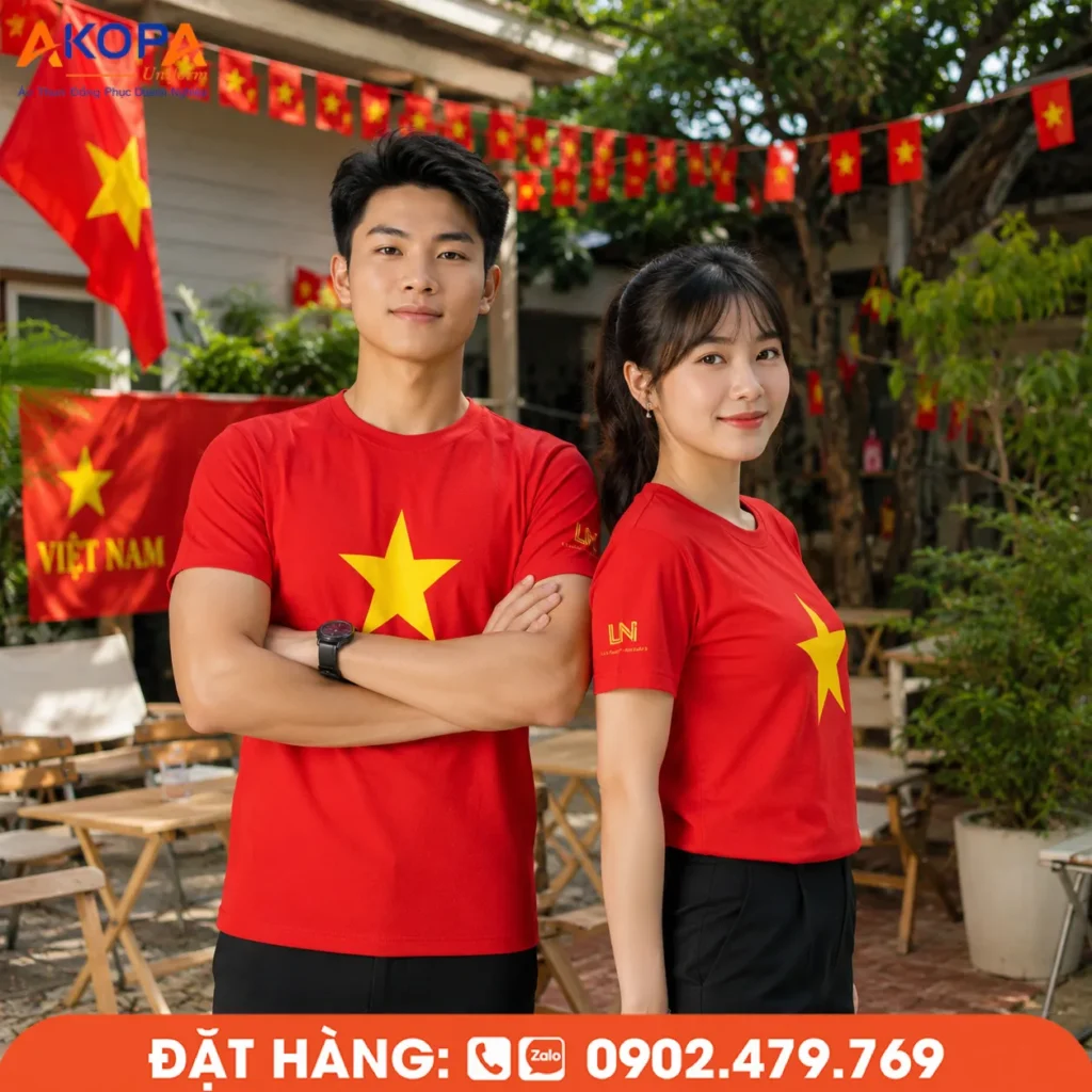 Áo thun sự kiện cổ tròn màu đỏ in ngôi sao vàng, phù hợp cho chương trình kỷ niệm, hoạt động cộng đồng và các ngày lễ lớn.