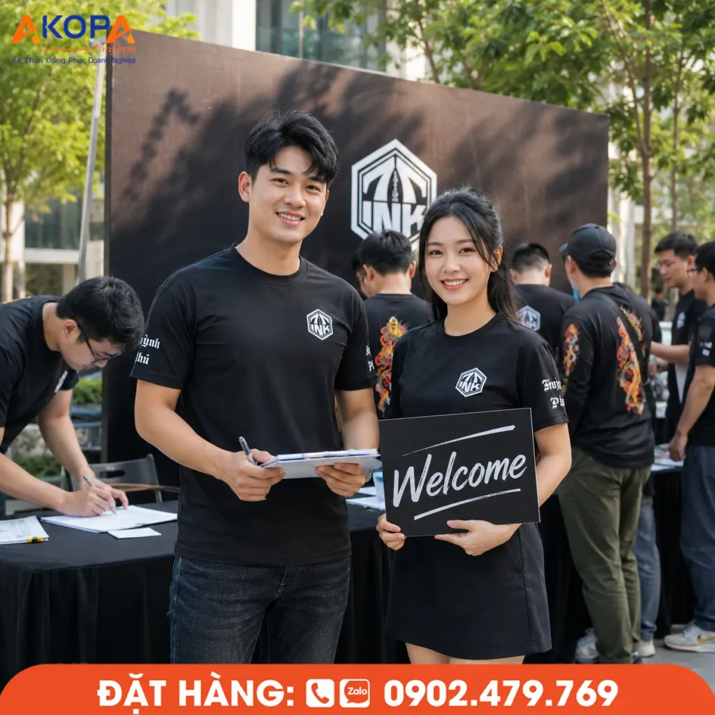 Áo thun sự kiện cổ tròn màu đen phù hợp cho check-in, offline và giao lưu câu lạc bộ. Thiết kế hiện đại, dễ in logo và tạo dấu ấn riêng cho tập thể.