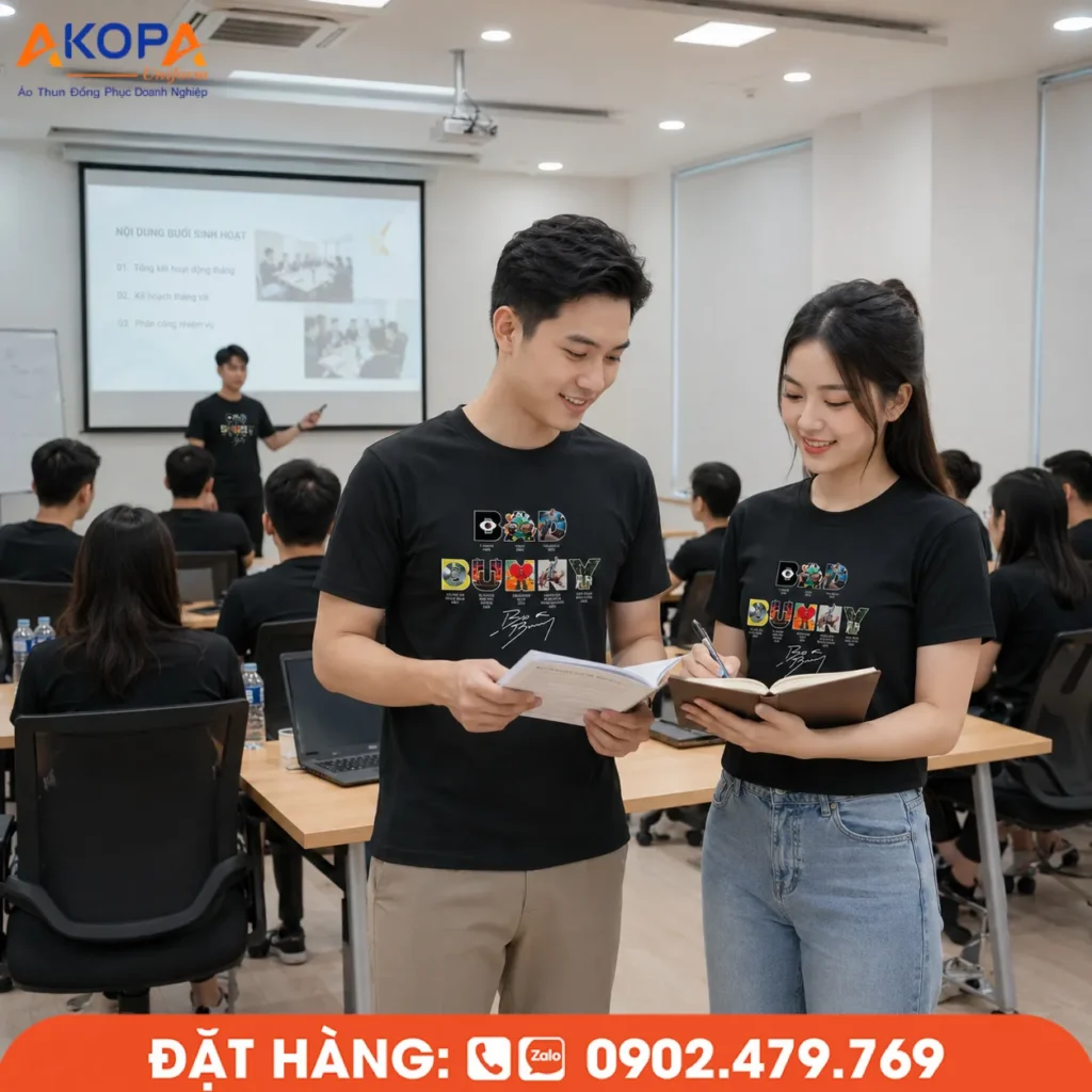 Áo thun sự kiện cổ tròn cho workshop, đào tạo và sinh hoạt nội bộ. Thiết kế theo yêu cầu, tạo sự đồng bộ, chuyên nghiệp và gắn kết cho mọi thành viên.