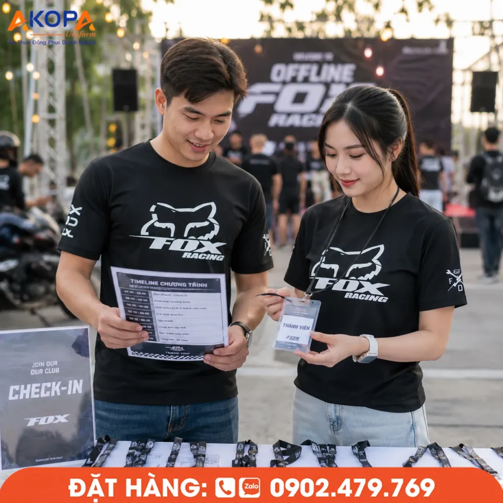 Áo thun sự kiện cổ tròn dành cho offline câu lạc bộ. Thiết kế nổi bật, in theo yêu cầu, tạo sự đồng bộ và chuyên nghiệp trong khâu check-in, đón tiếp thành viên.