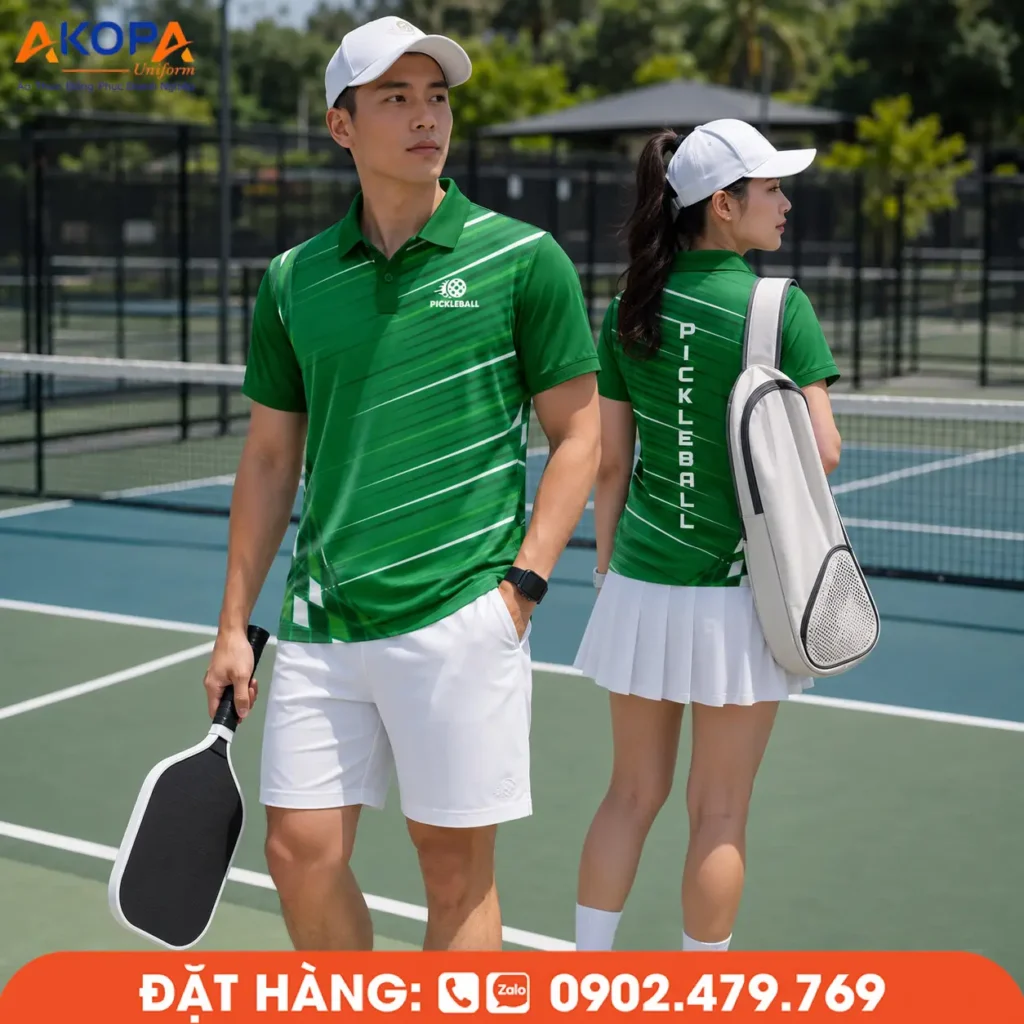 Áo đồng phục Pickleball màu xanh lá nổi bật với thiết kế sọc chéo hiện đại, sử dụng chất liệu thể thao thoáng khí, co giãn linh hoạt và thấm hút mồ hôi hiệu quả. Mẫu áo phù hợp cho câu lạc bộ Pickleball, đội nhóm và doanh nghiệp, hỗ trợ thiết kế, in logo theo yêu cầu để tạo dấu ấn chuyên nghiệp trên sân đấu.
