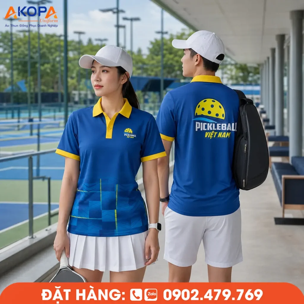 Áo đồng phục Pickleball xanh dương phối vàng nổi bật, vải co giãn 4 chiều, thoáng khí, nhanh khô, giúp thi đấu linh hoạt và duy trì cảm giác thoải mái trên sân.