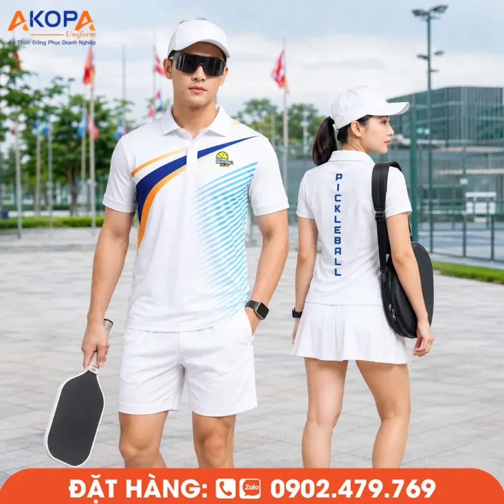 Áo đồng phục Pickleball trắng phối xanh dương và cam, chất liệu mềm nhẹ, co giãn 4 chiều, thoáng khí, giúp thi đấu linh hoạt và luôn khô thoáng trên sân.