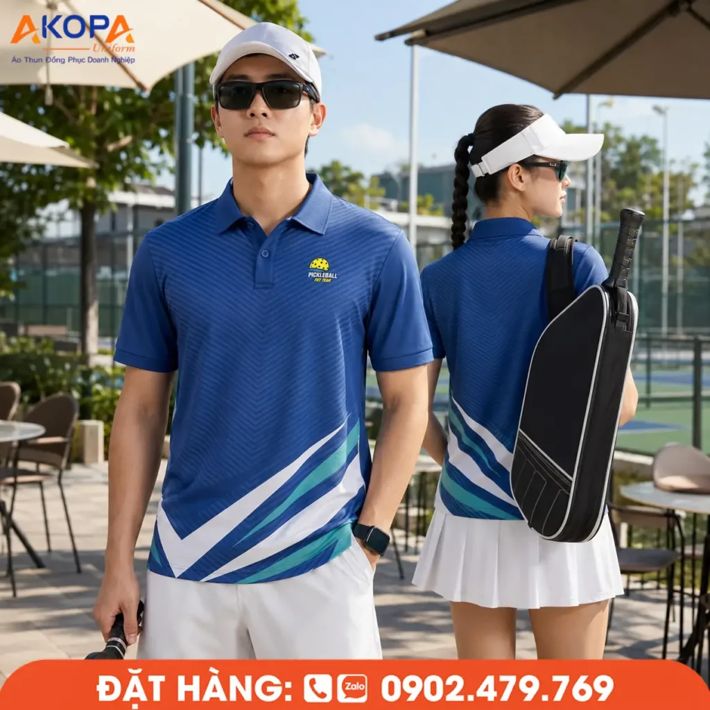 Áo đồng phục Pickleball xanh dương phối trắng và xanh ngọc, chất liệu co giãn 4 chiều, thấm hút mồ hôi vượt trội, hỗ trợ thi đấu bền bỉ và di chuyển linh hoạt.