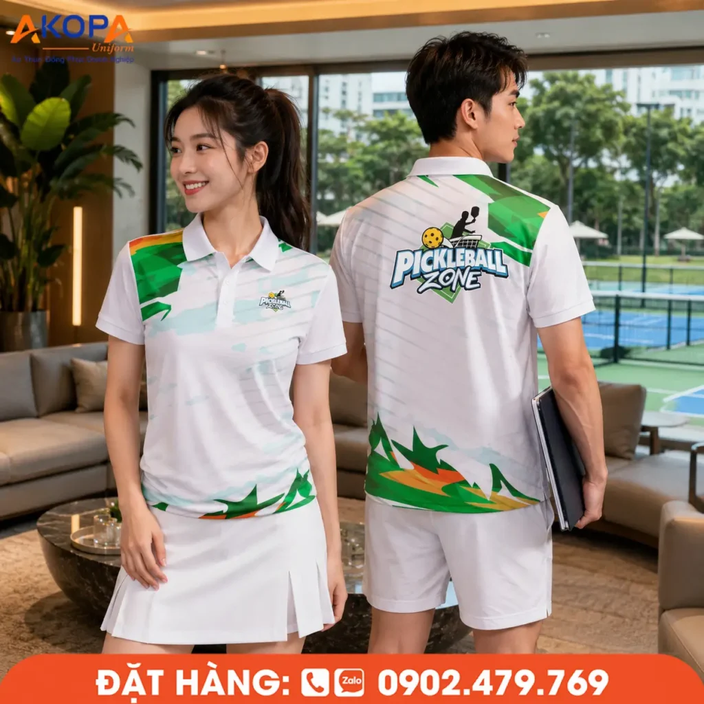 Áo đồng phục Pickleball trắng phối xanh lá và cam, chất liệu co giãn 4 chiều, thoáng khí, thấm hút mồ hôi nhanh, giúp thi đấu linh hoạt và giữ form bền đẹp.