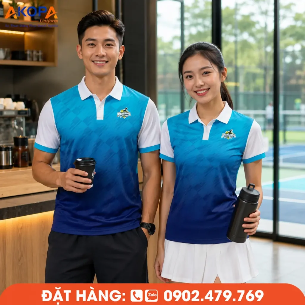 Áo đồng phục Pickleball xanh dương phối trắng trẻ trung, vải mềm nhẹ, co giãn 4 chiều, thấm hút mồ hôi tốt, mang đến cảm giác thoải mái trong thi đấu và luyện tập.