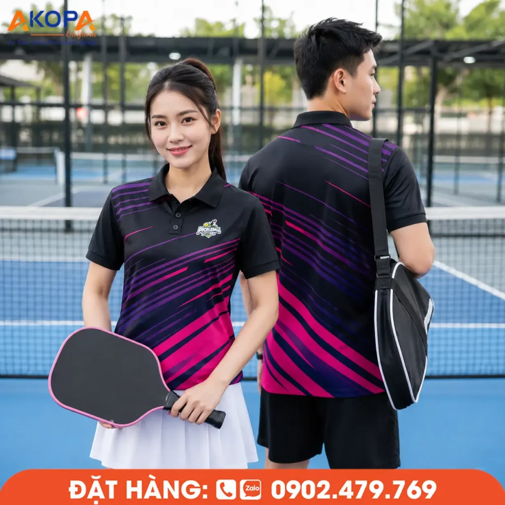 Áo đồng phục Pickleball đen phối tím và hồng nổi bật, chất liệu co giãn 4 chiều, thoát ẩm nhanh, bền màu, giúp thi đấu linh hoạt và luôn giữ phong độ trên sân.