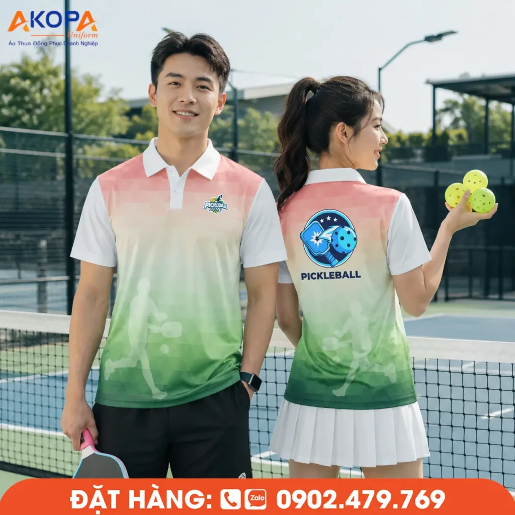 Áo đồng phục Pickleball phối màu hồng pastel – trắng – xanh lá nổi bật, thiết kế chuyển màu hiện đại kết hợp họa tiết vận động, sử dụng chất liệu co giãn 4 chiều, thấm hút mồ hôi tốt, giúp người mặc luôn thoải mái và linh hoạt trong mọi trận đấu.