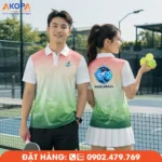 Áo đồng phục Pickleball phối màu hồng pastel – trắng – xanh lá nổi bật, thiết kế chuyển màu hiện đại kết hợp họa tiết vận động, sử dụng chất liệu co giãn 4 chiều, thấm hút mồ hôi tốt, giúp người mặc luôn thoải mái và linh hoạt trong mọi trận đấu.