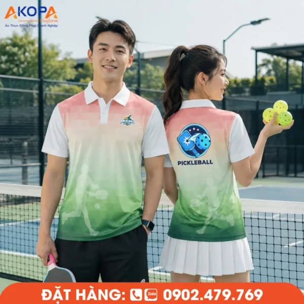 Áo Đồng Phục Pickleball Hồng Pastel Phối Trắng Và Xanh Lá – PK028