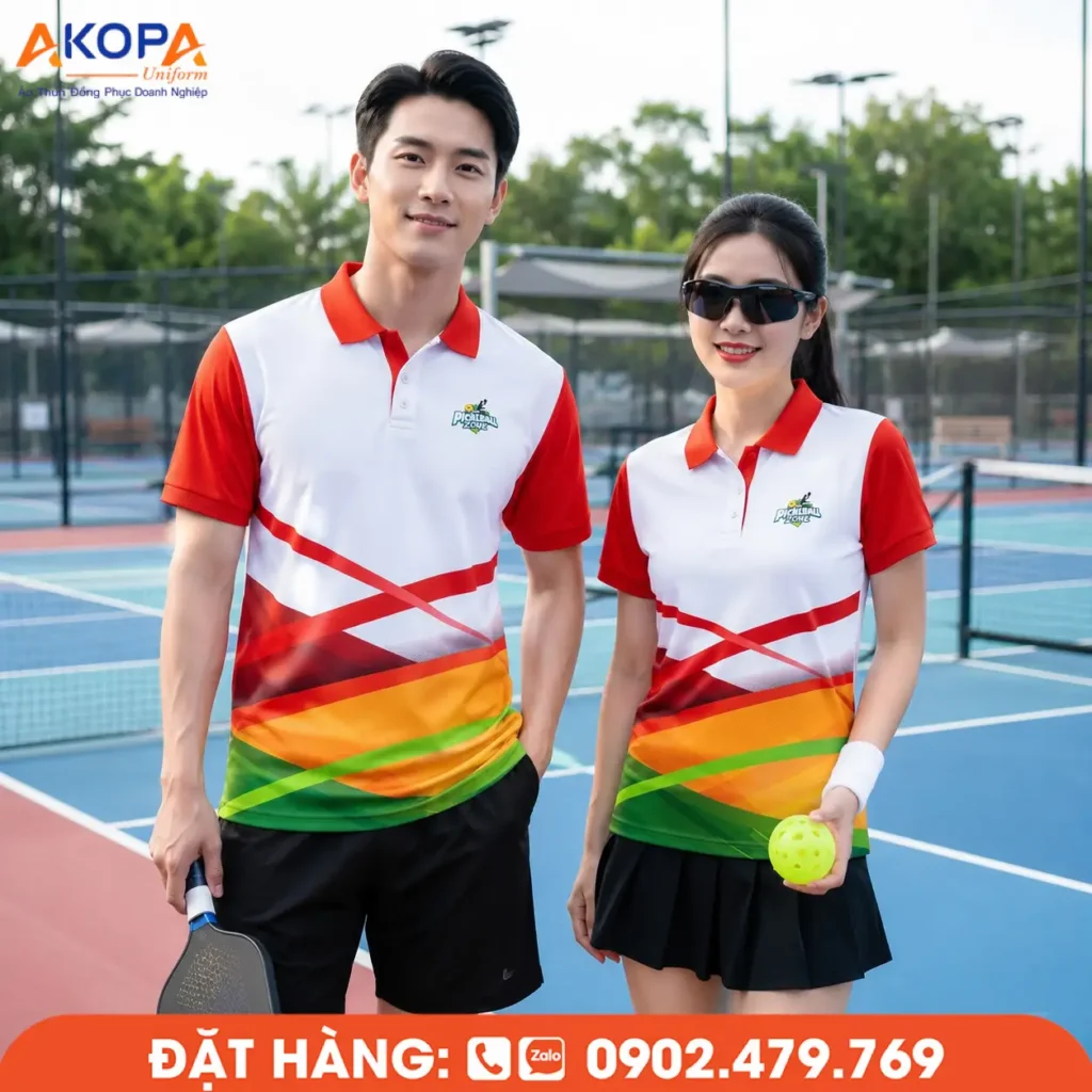 Áo đồng phục Pickleball phối trắng – đỏ nổi bật với điểm nhấn họa tiết chuyển màu cam và xanh lá hiện đại, mang phong cách trẻ trung, năng động. Chất liệu vải co giãn 4 chiều, thoáng khí, thấm hút mồ hôi tốt, giúp người mặc luôn thoải mái khi thi đấu, luyện tập hoặc sử dụng làm đồng phục câu lạc bộ Pickleball.
