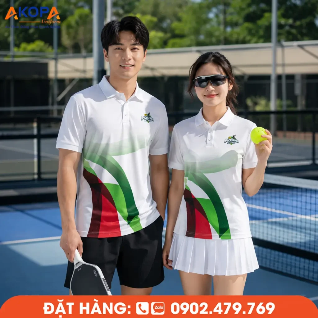 Áo đồng phục Pickleball phối trắng – xanh lá – đỏ với thiết kế đường cong hiện đại, tạo điểm nhấn nổi bật và cảm giác chuyển động mạnh mẽ. Chất liệu vải co giãn 4 chiều, thoáng khí, thấm hút mồ hôi hiệu quả, mang đến sự thoải mái cho luyện tập, thi đấu và sử dụng làm đồng phục câu lạc bộ Pickleball.