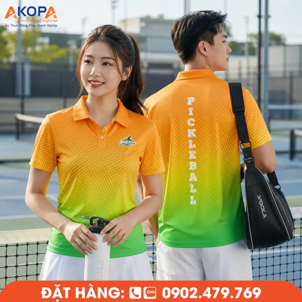 Áo đồng phục Pickleball phối chuyển sắc cam – xanh lá trẻ trung, tạo điểm nhấn bằng hiệu ứng gradient hiện đại và họa tiết chấm tinh tế. Chất liệu vải co giãn 4 chiều, thoáng khí, thấm hút mồ hôi tốt, mang đến cảm giác thoải mái khi luyện tập, thi đấu và sử dụng làm đồng phục câu lạc bộ Pickleball.