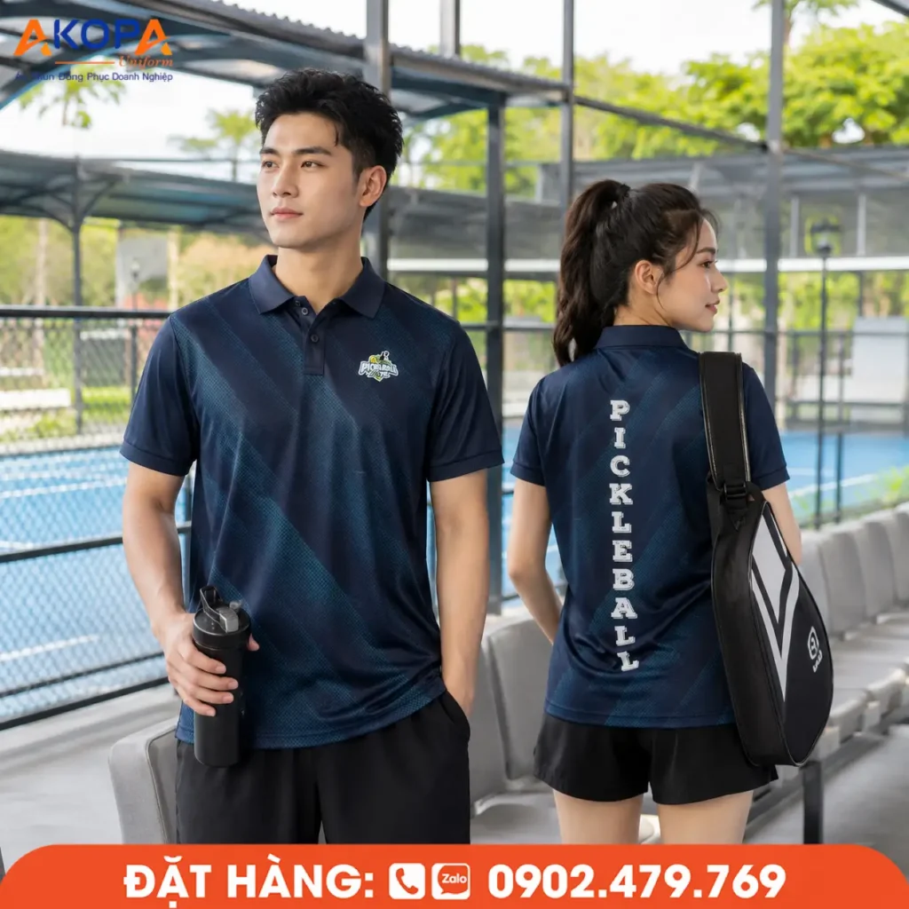 Áo đồng phục Pickleball màu xanh navy đậm với họa tiết chìm sang trọng, tạo phong cách thể thao hiện đại và chuyên nghiệp. Thiết kế cổ polo lịch sự, mặt sau nổi bật với dòng chữ "PICKLEBALL" in dọc, phù hợp cho câu lạc bộ, giải đấu và đội nhóm. Chất liệu vải co giãn 4 chiều, thoáng khí, thấm hút mồ hôi tốt, mang lại cảm giác thoải mái trong suốt quá trình luyện tập và thi đấu.