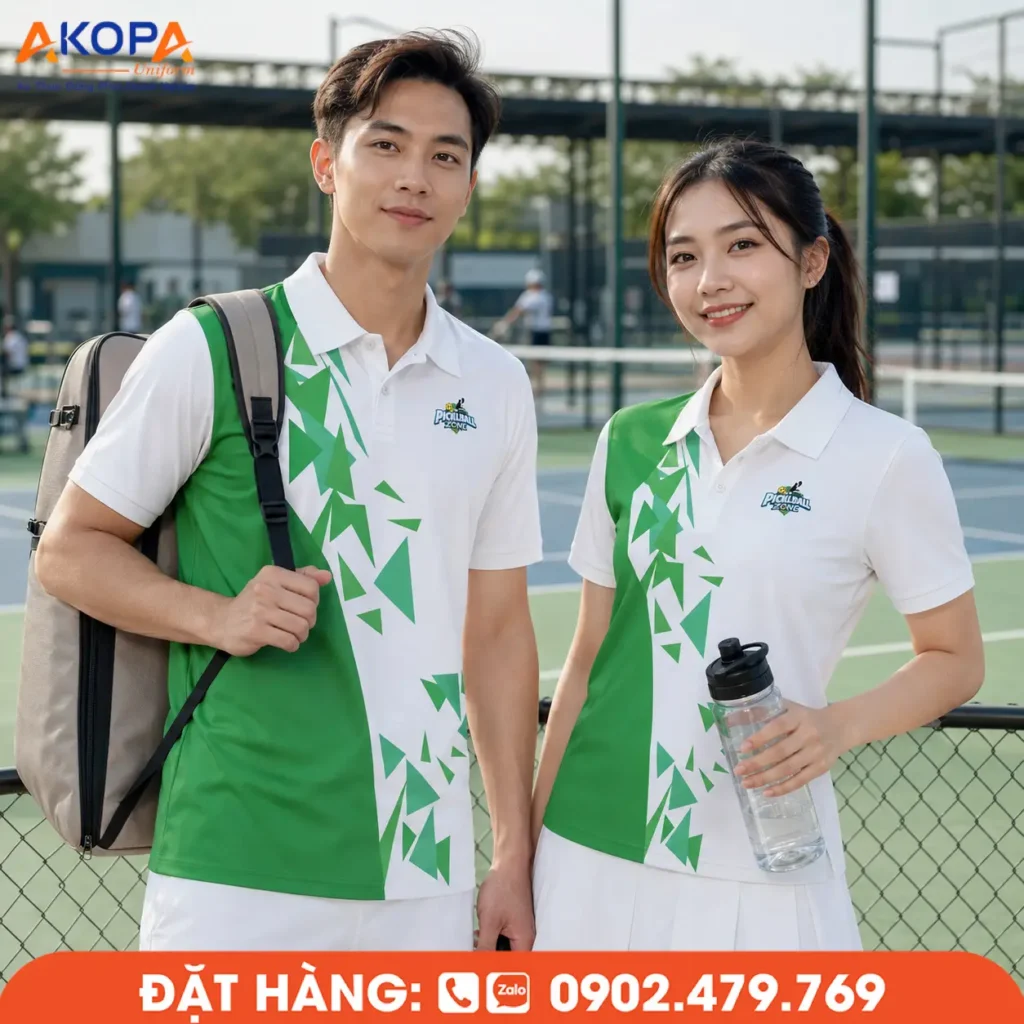 Áo đồng phục Pickleball trắng phối xanh lá với họa tiết hình học hiện đại, nổi bật và dễ nhận diện. Chất liệu thoáng mát, co giãn tốt, phù hợp cho luyện tập, thi đấu và đồng phục câu lạc bộ.