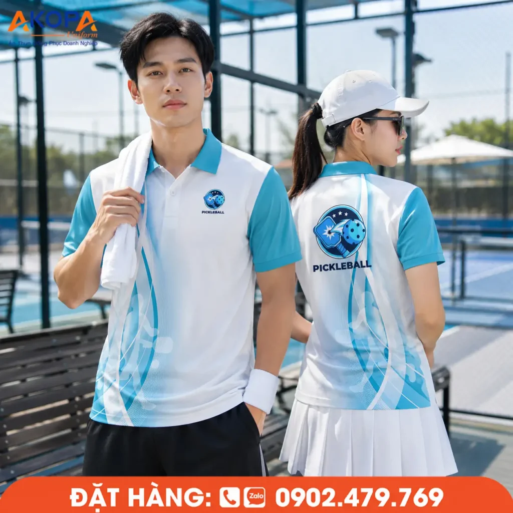 Áo đồng phục Pickleball trắng phối xanh dương với họa tiết mềm mại, mang phong cách thể thao thanh lịch. Thiết kế thoáng mát, co giãn tốt, phù hợp cho thi đấu, luyện tập và đồng phục câu lạc bộ.