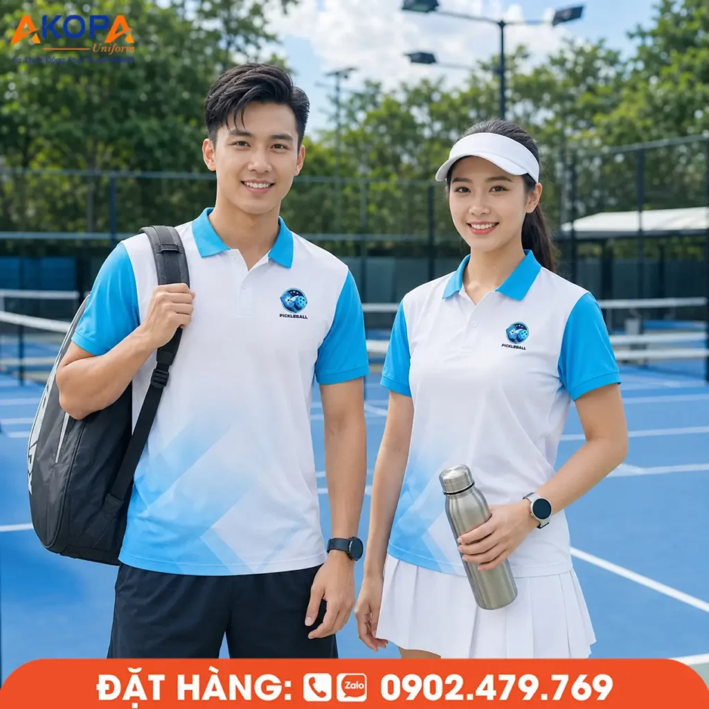 Áo đồng phục Pickleball trắng phối xanh dương mang phong cách tối giản, trẻ trung và dễ mặc. Chất liệu co giãn, thấm hút tốt, phù hợp luyện tập, thi đấu và đồng phục câu lạc bộ.