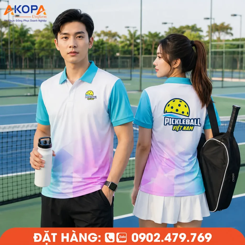 Áo đồng phục Pickleball phối trắng – xanh pastel nổi bật với thiết kế trẻ trung, logo sau lưng ấn tượng. Chất liệu co giãn, thoáng mát, phù hợp luyện tập, thi đấu và đồng phục câu lạc bộ.