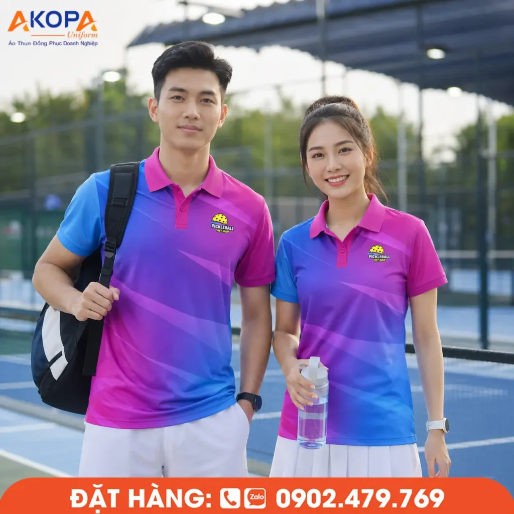 Áo đồng phục Pickleball phối hồng – xanh nổi bật, thiết kế hiện đại, tạo dấu ấn trên sân đấu. Chất liệu co giãn, thoáng mát, phù hợp luyện tập, thi đấu và đồng phục đội nhóm.