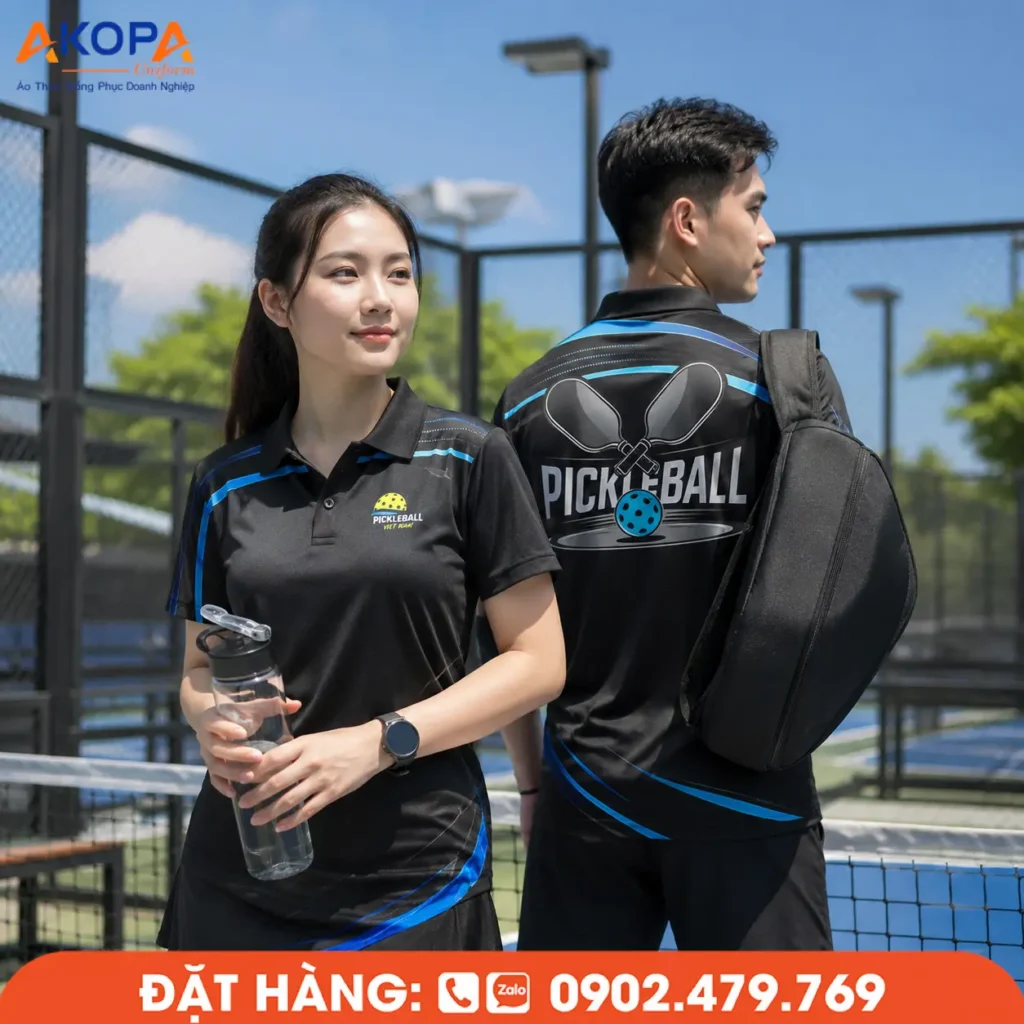 Áo đồng phục Pickleball đen phối xanh nổi bật, thiết kế mạnh mẽ với logo lưng lớn tạo điểm nhấn. Chất liệu co giãn, thoáng khí, phù hợp luyện tập, thi đấu và đồng phục câu lạc bộ.