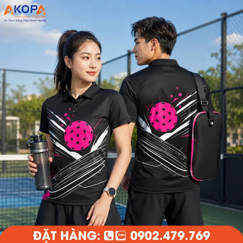Áo đồng phục Pickleball đen phối hồng cá tính, họa tiết nổi bật tạo điểm nhấn mạnh mẽ. Chất liệu co giãn, thoáng mát, phù hợp luyện tập, thi đấu và đồng phục đội nhóm.