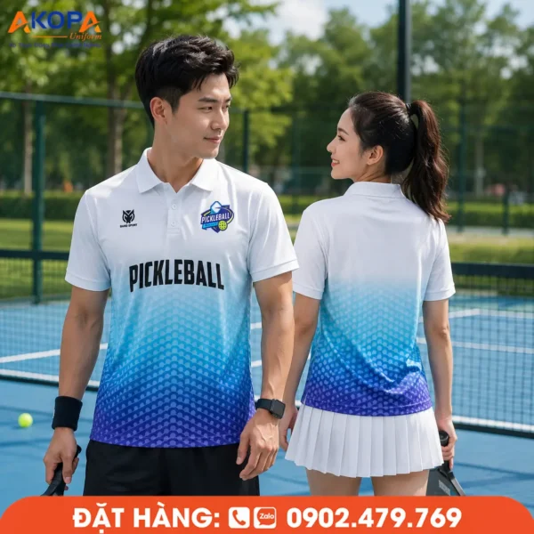 Áo Đồng Phục Pickleball Trắng Phối Xanh Chuyển Sắc – PK051