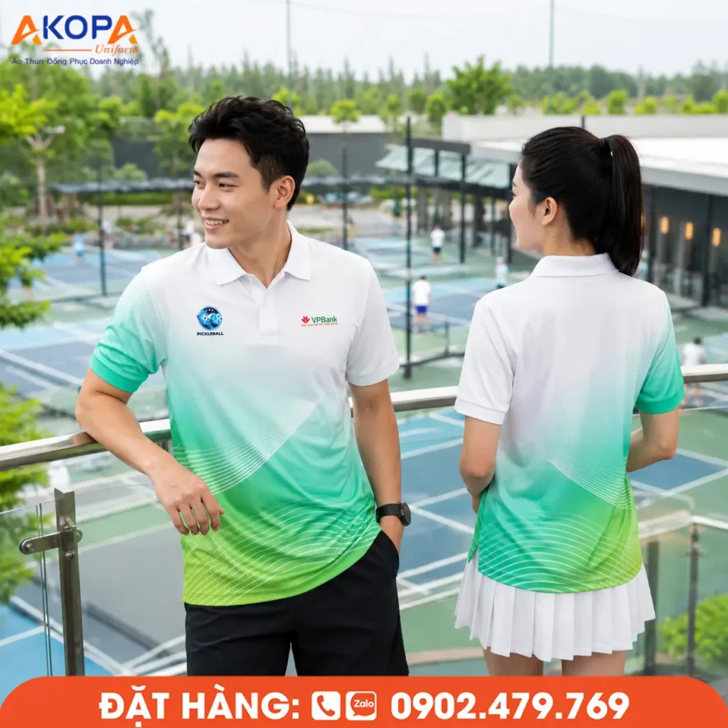Áo Pickleball trắng phối xanh lá trẻ trung, thiết kế hiện đại tạo cảm giác nổi bật trên sân. Chất liệu thoáng mát, co giãn tốt, phù hợp luyện tập, thi đấu và đồng phục câu lạc bộ.