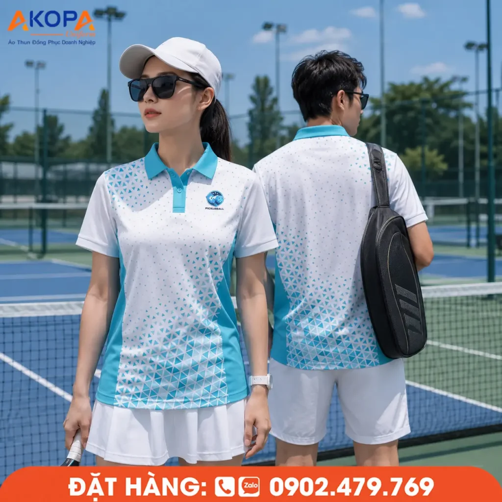 Áo Pickleball phối trắng – xanh ngọc với họa tiết tam giác chuyển sắc hiện đại, mang phong cách trẻ trung, thanh lịch và năng động. Thiết kế polo thể thao sử dụng chất liệu co giãn 4 chiều, thoáng khí, thấm hút mồ hôi hiệu quả, giúp người mặc luôn thoải mái khi luyện tập và thi đấu. Mẫu áo phù hợp để may đồng phục câu lạc bộ Pickleball, đội nhóm, giải đấu hoặc doanh nghiệp, dễ dàng in/thêu logo theo yêu cầu và tạo dấu ấn chuyên nghiệp trên sân.