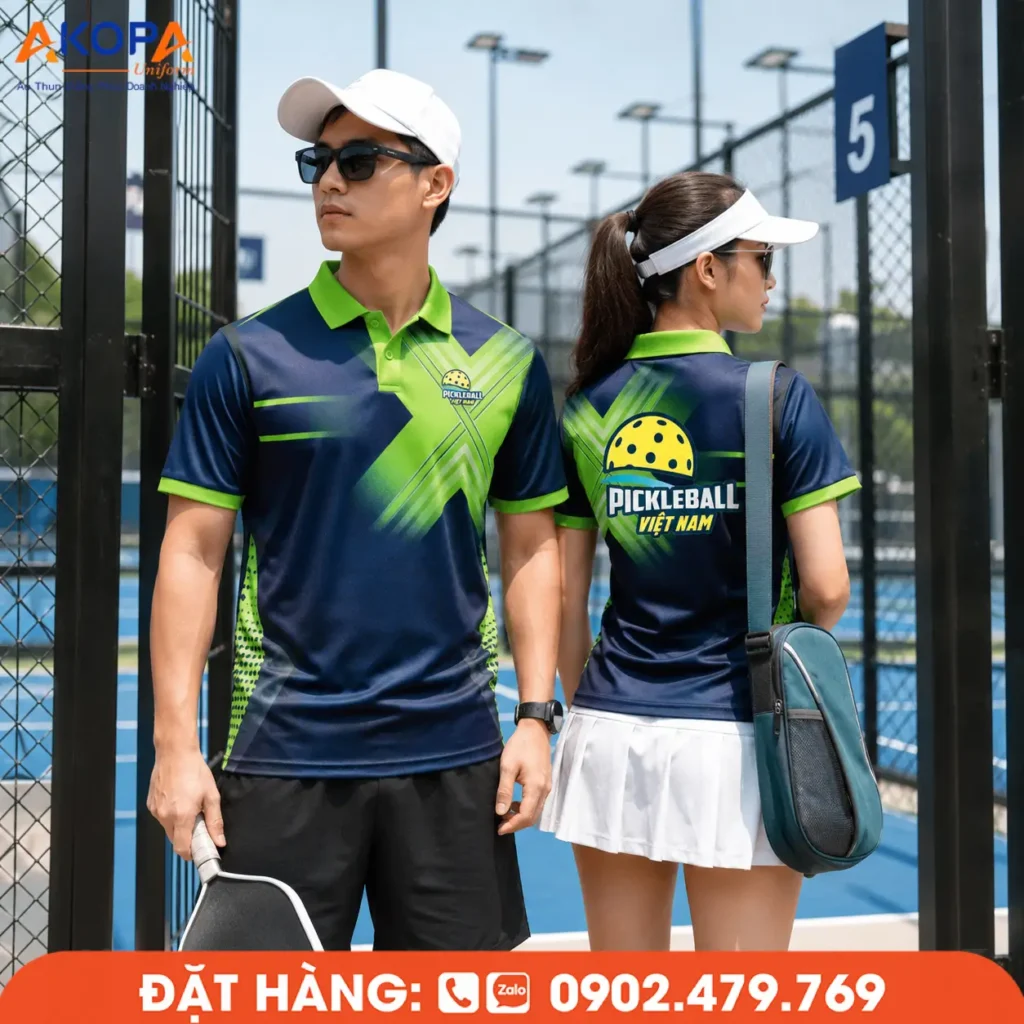 Áo Pickleball xanh navy phối xanh lá nổi bật với thiết kế hiện đại, kết hợp logo lớn mặt sau tạo điểm nhấn chuyên nghiệp. Chất liệu thoáng mát, co giãn tốt, phù hợp may đồng phục Pickleball cho câu lạc bộ, đội tuyển và giải đấu.