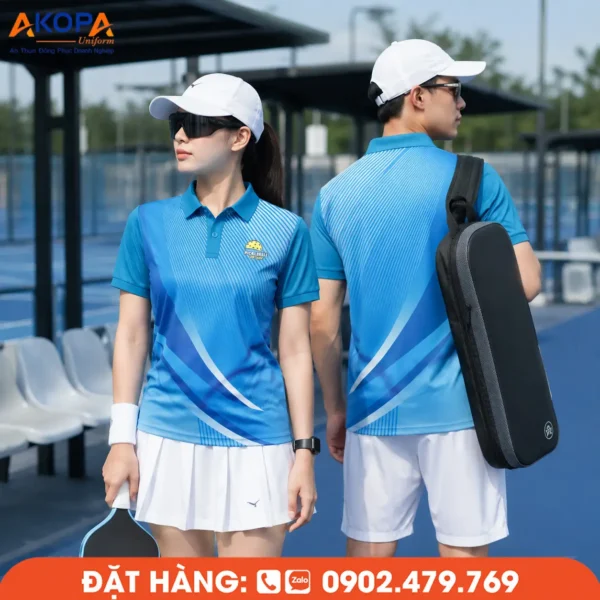 Áo Đồng Phục Pickleball Xanh Dương Phối Họa Tiết Chuyển Động – PK073