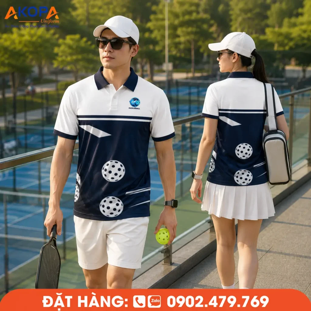 Áo đồng phục pickleball phối trắng xanh navy với họa tiết bóng Pickleball nổi bật, thiết kế thể thao hiện đại, chất liệu thoáng khí, phù hợp cho câu lạc bộ, đội nhóm và giải đấu.