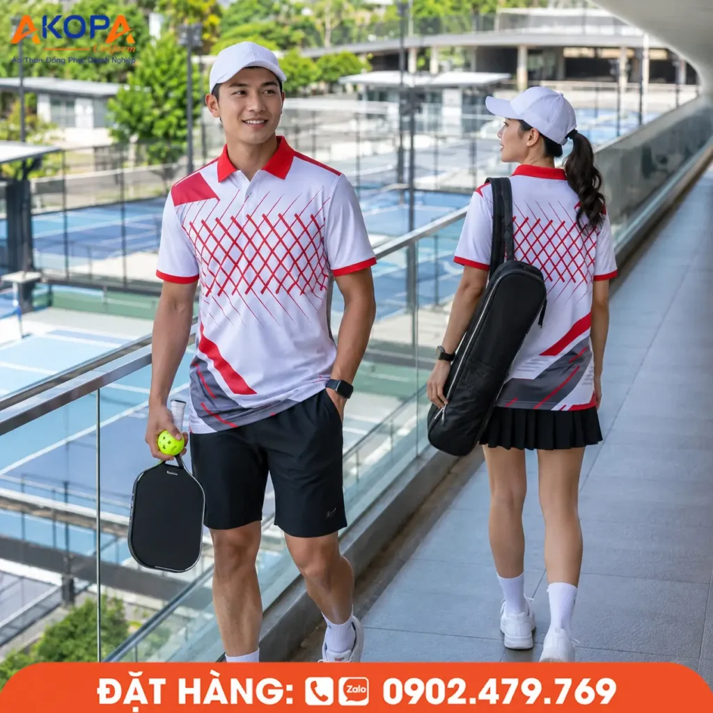 Áo đồng phục pickleball trắng phối đỏ với họa tiết hình học hiện đại, mang phong cách thể thao trẻ trung, chất liệu thoáng mát và co giãn tốt, phù hợp cho đội nhóm và câu lạc bộ Pickleball.