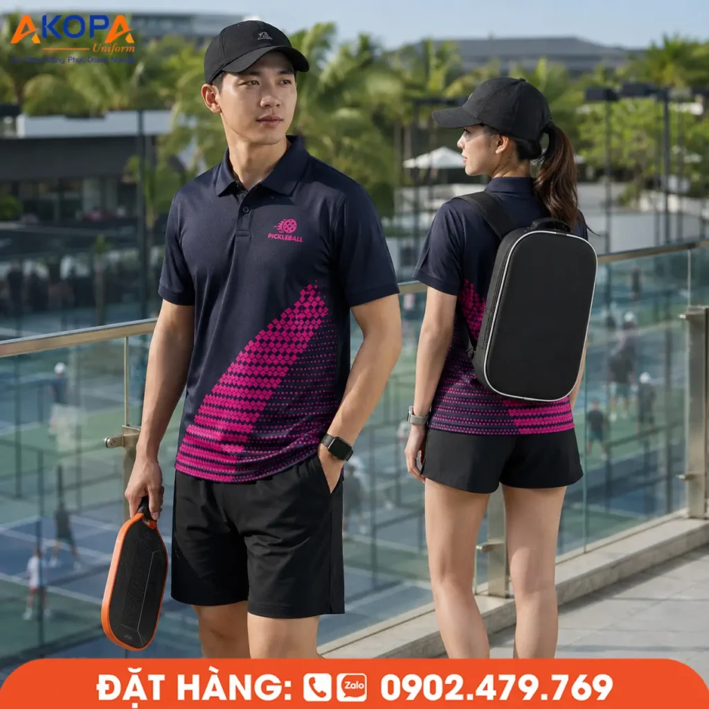 Áo đồng phục pickleball đen phối hồng nổi bật với hiệu ứng chuyển sắc cá tính, mang phong cách mạnh mẽ, phù hợp cho đội tuyển, câu lạc bộ và các giải đấu Pickleball.