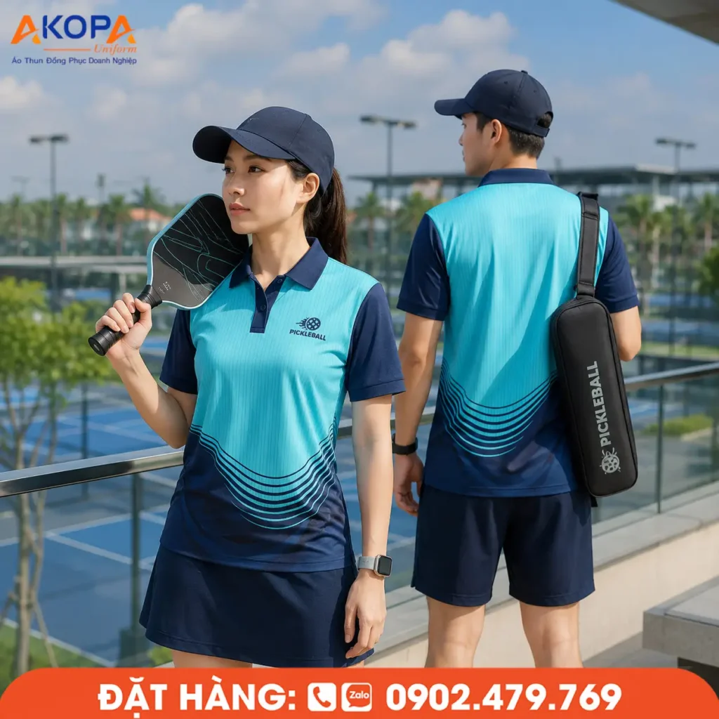 Áo đồng phục pickleball xanh ngọc phối xanh navy với họa tiết đường cong tối giản, tạo cảm giác hiện đại, dễ nhận diện đội nhóm và phù hợp cho luyện tập, thi đấu chuyên nghiệp.