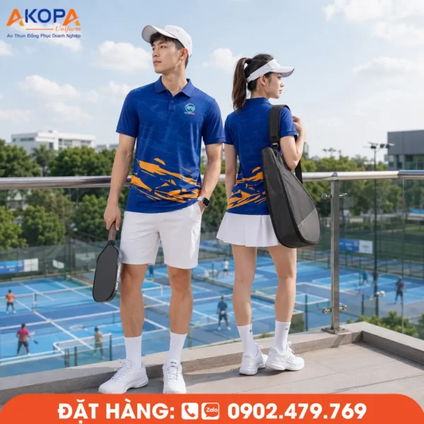 Áo Đồng Phục Pickleball Xanh Dương Phối Họa Tiết Cam – PK085