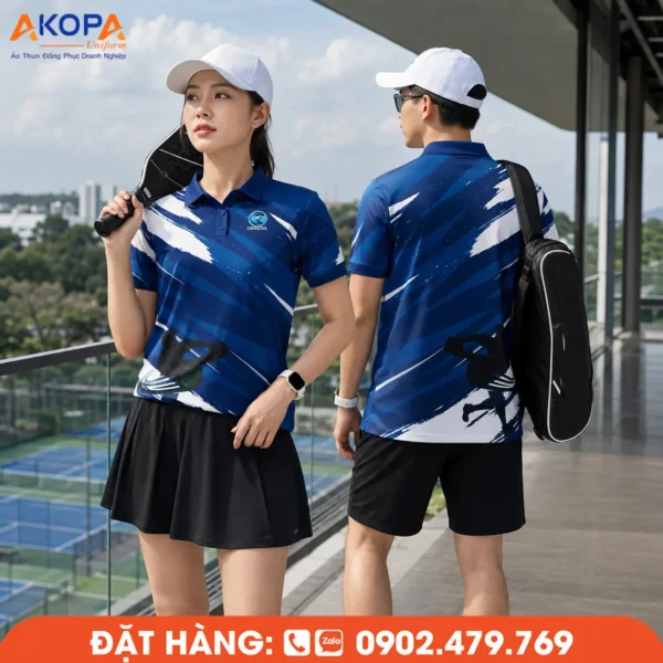 Áo Đồng Phục Pickleball Xanh Dương Phối Họa Tiết Cọ Trắng – PK086