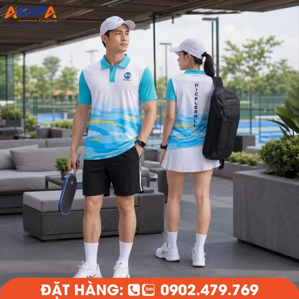 Áo đồng phục pickleball phối trắng xanh ngọc với họa tiết lấy cảm hứng từ sóng nước, mang đến diện mạo tươi mới, thích hợp cho câu lạc bộ, đội nhóm và các giải Pickleball ngoài trời.