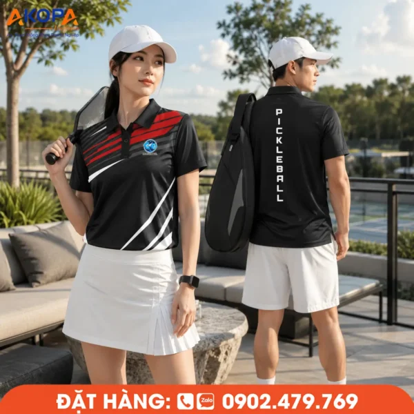 Áo Đồng Phục Pickleball Đen Phối Đỏ Và Trắng – PK090