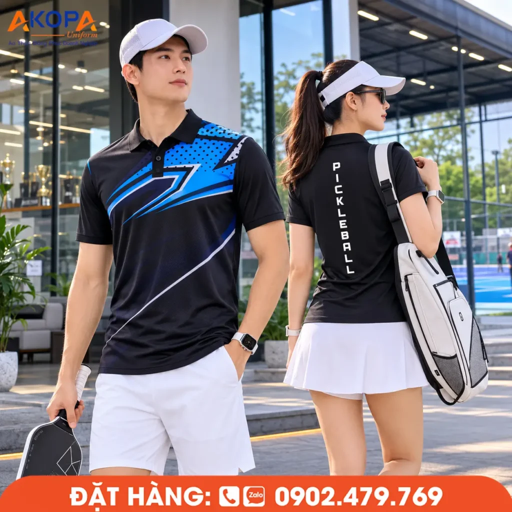 Áo đồng phục pickleball đen phối xanh dương với họa tiết góc cạnh hiện đại, nổi bật phong cách thể thao, phù hợp cho đội nhóm, câu lạc bộ và các giải đấu Pickleball chuyên nghiệp.