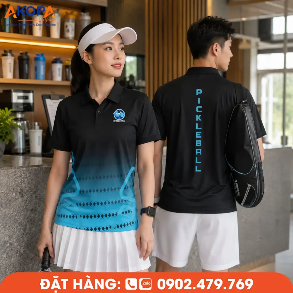 Áo đồng phục pickleball đen phối xanh cyan với hiệu ứng chuyển màu độc đáo, tôn lên vẻ hiện đại, giúp đội nhóm nổi bật và phù hợp cho luyện tập, thi đấu lẫn hoạt động câu lạc bộ.