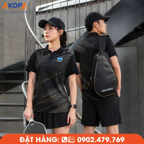 Áo Đồng Phục Pickleball Đen Phối Sọc Vàng Đồng – PK096