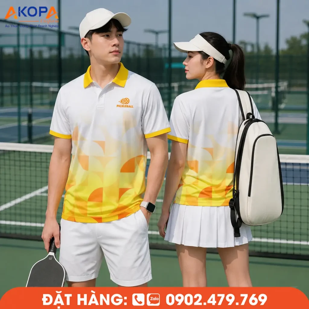 Áo đồng phục pickleball trắng phối vàng với họa tiết hình học tươi sáng, mang phong cách năng động, tạo sự nổi bật cho đội nhóm và phù hợp với các hoạt động Pickleball ngoài trời.