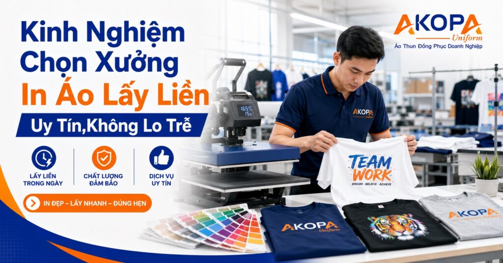 ảnh bìa kinh nghiệm chọn xưởng in áo lấy liền uy tín