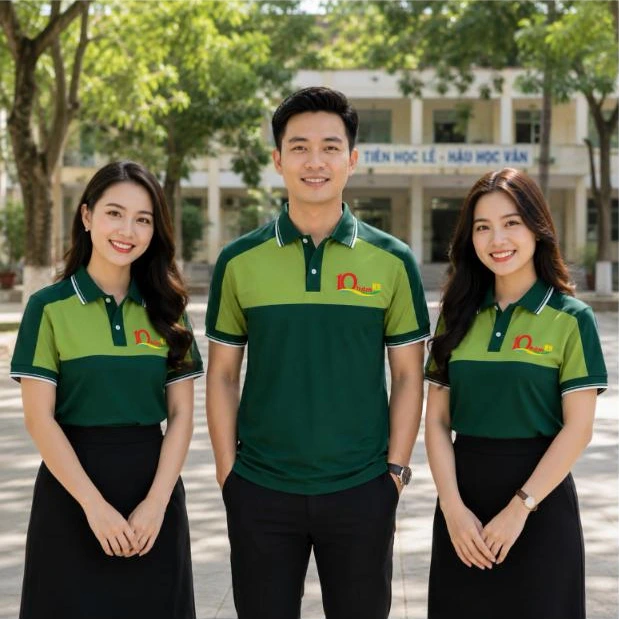 Cựu học sinh mặc áo polo họp lớp 10 năm xanh rêu phối xanh lá trước cổng trường – AKOPA