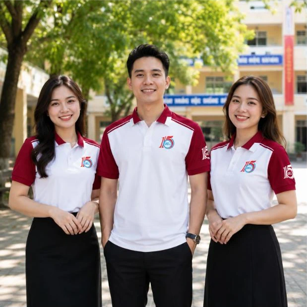 Cựu học sinh mặc áo polo họp lớp 15 năm màu trắng phối đỏ đô trước cổng trường – AKOPA