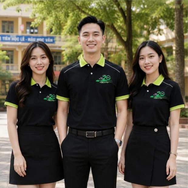 Cựu học sinh mặc áo polo họp lớp 20 năm màu đen phối xanh chuối trước cổng trường – AKOPA